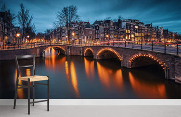 Twilight Cityscape Bridge Illuminated Mural Wallpaper