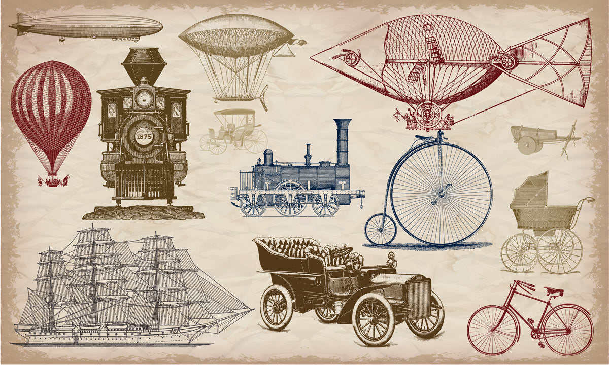 Vintage Transport Illustration Mural Wallpaper