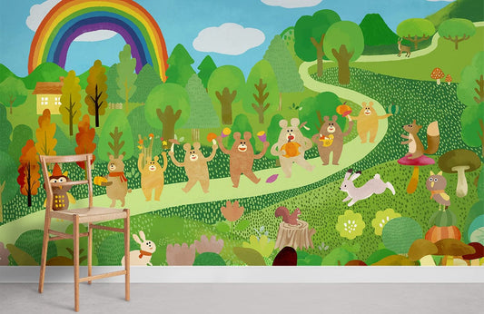 forsest rainbow cartoon animla wallpaper mural