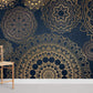 decorative wall murals with a golden Mandala design and black background.