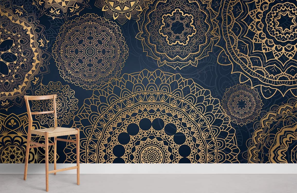 decorative wall murals with a golden Mandala design and black background.