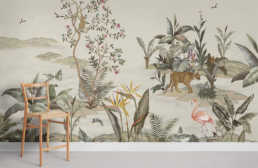 wall murals depicting a natural woodland in neutral tones