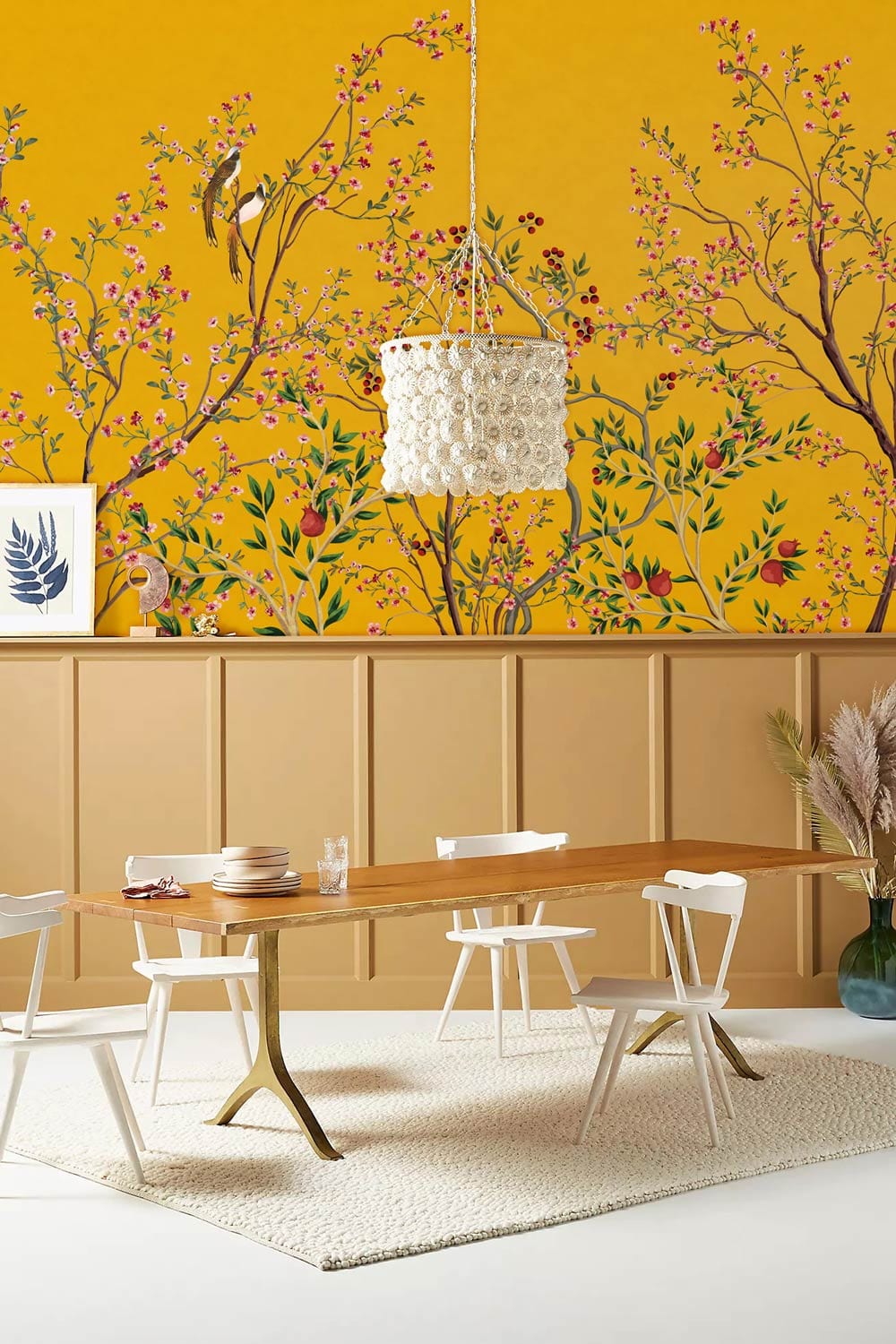 Dining room wall paintings with a pomegranate tree with fruit in blossom and birds perched on them
