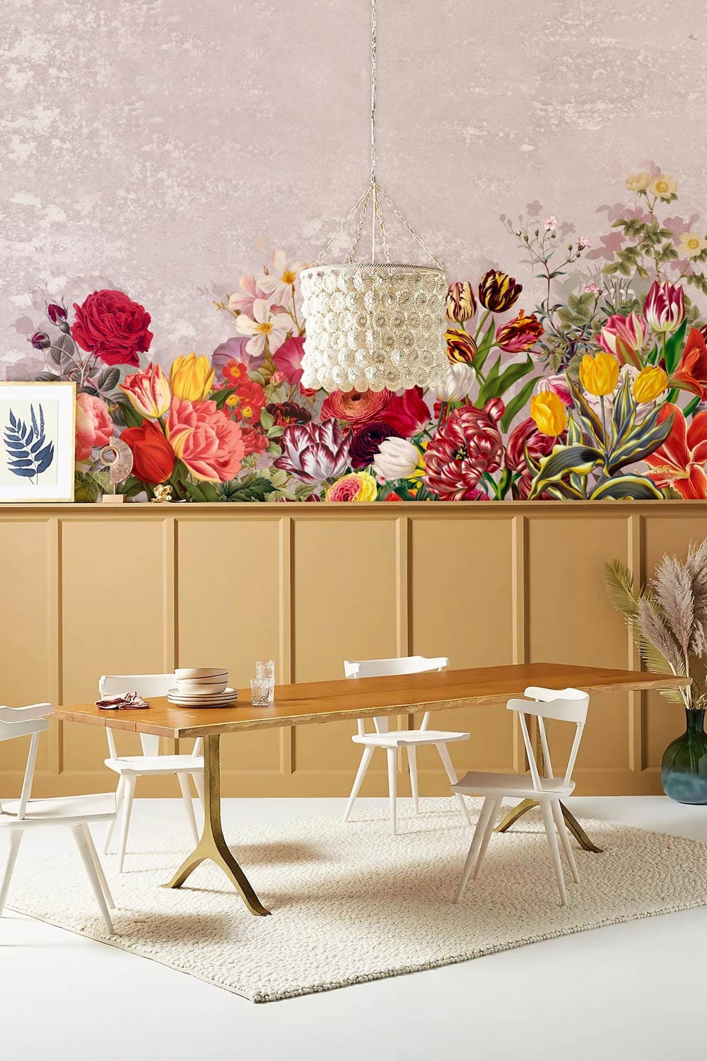 multicolored flowers in a bespoke floral wallpaper mural for the dining room