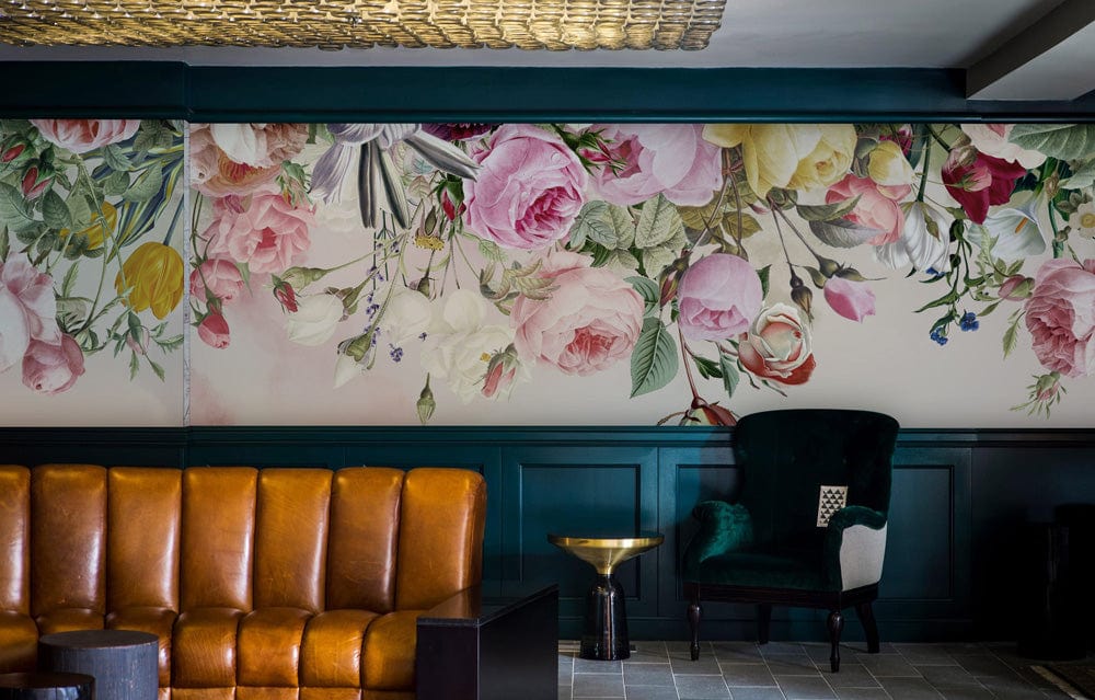 living room wallpaper mural in the form of an upside-down floral pattern