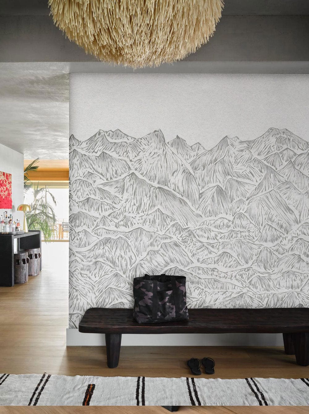 wallpaper depicting the peaks of the mountains in a pencil sketch for the hallway