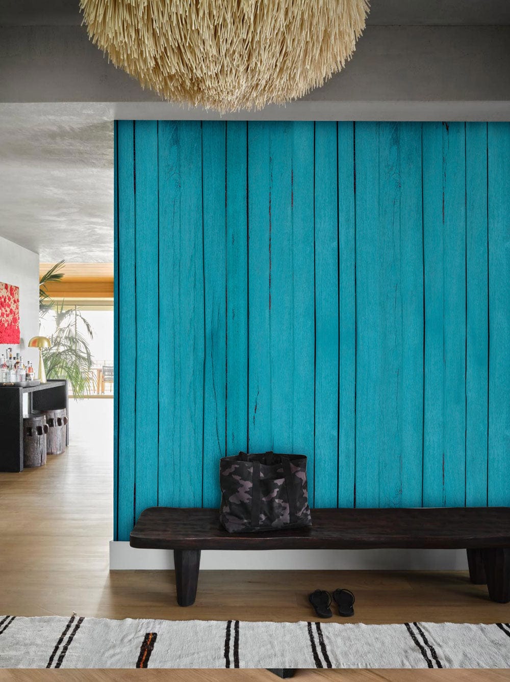 for a hallway, bespoke wood effect wall murals in vibrant turquoise