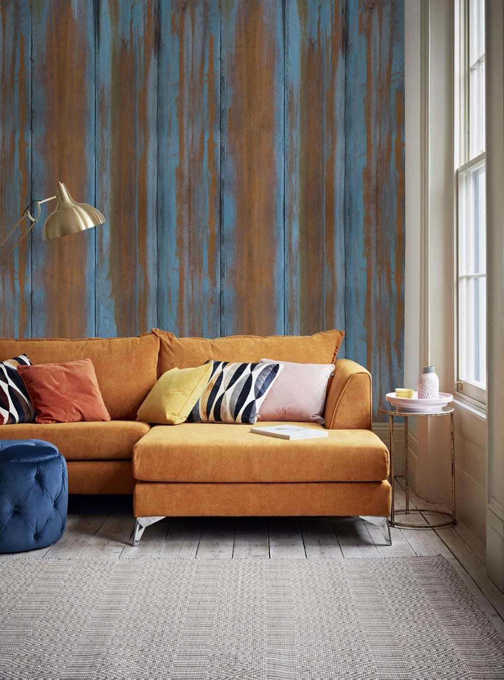 wood effect wall murals for the living room in a faded, worn-out blue hue