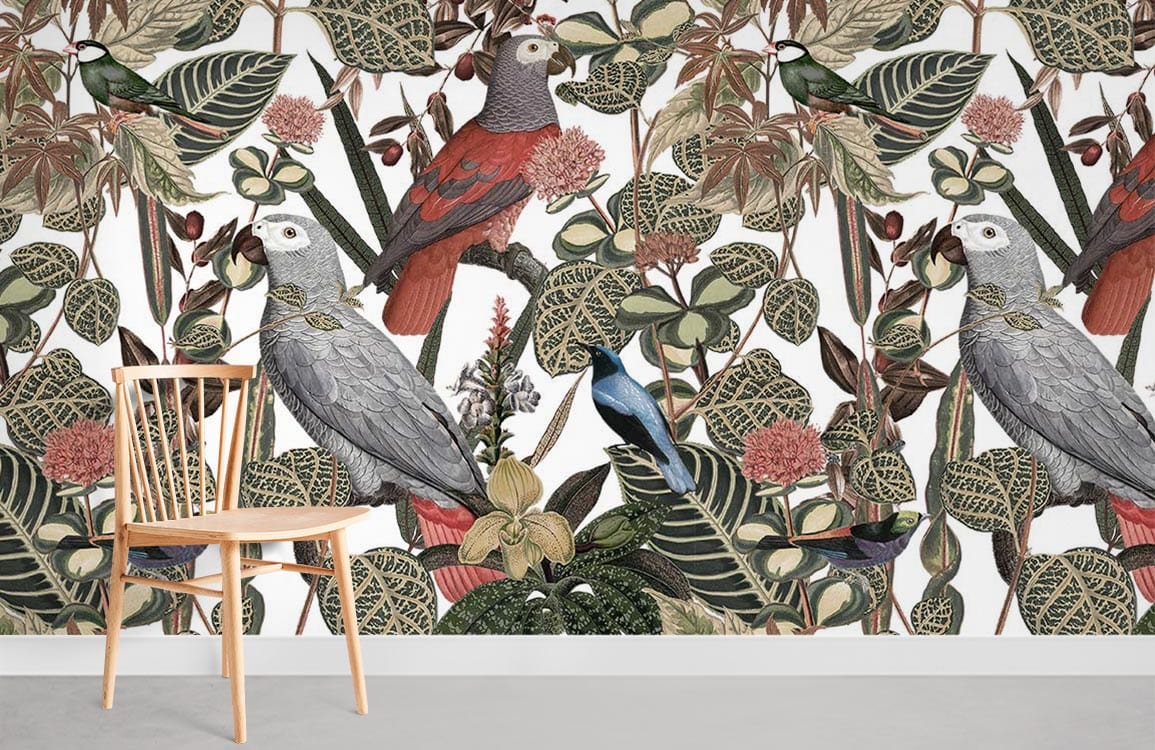 Birds of the Jungle Perched on Branches Animal Print Wall Mural Room