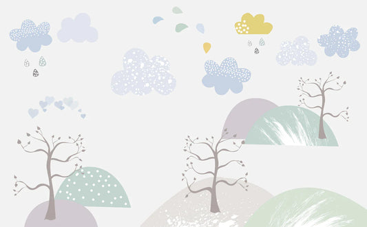 Home Decoration Wallpaper Mural with a Cartoon Cloud and Tree Feature