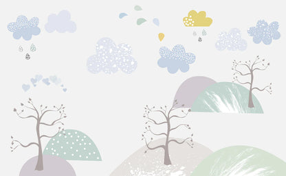 Home Decoration Wallpaper Mural with a Cartoon Cloud and Tree Feature