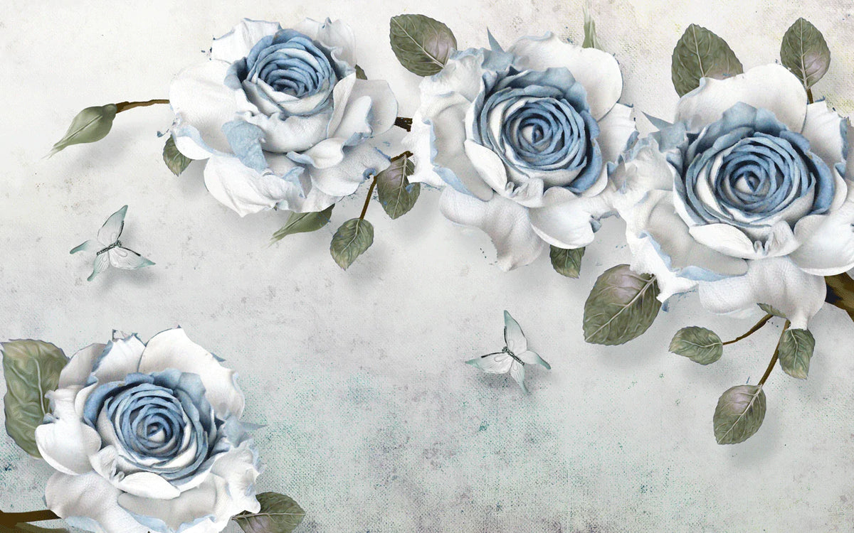 Blue Blooming Roses Elegant Mural Wallpaper