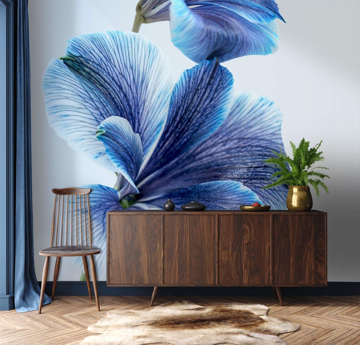 Blue Morning Glory Flower Pattern Wallpaper Room Decoration Idea