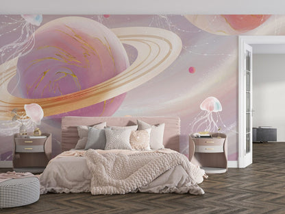 Whimsical Planetary Jellyfish Mural Wallpaper in bedroom