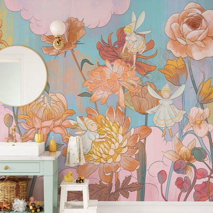 Whimsical Pastel Floral Mural Wallpaper in bathroom