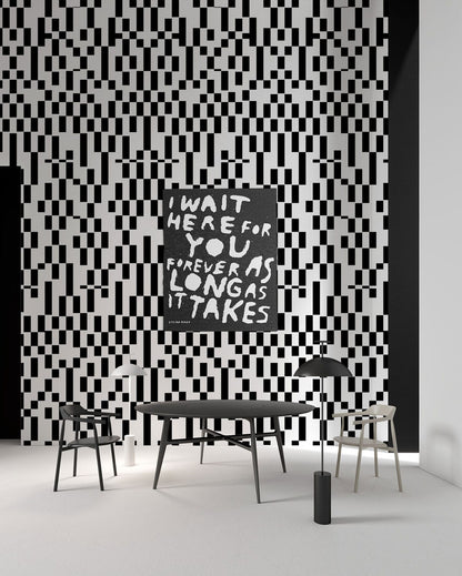 Modern Geometric Bauhaus Black White Wallpaper in dining room