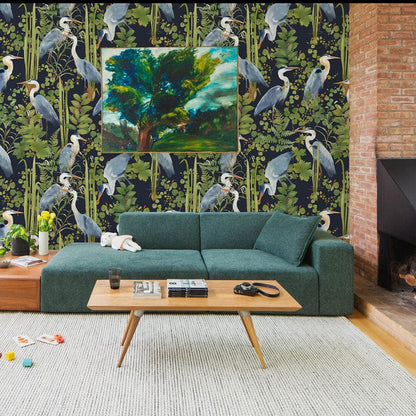 Tropical Heron Botanical Mural Wallpaper in living room