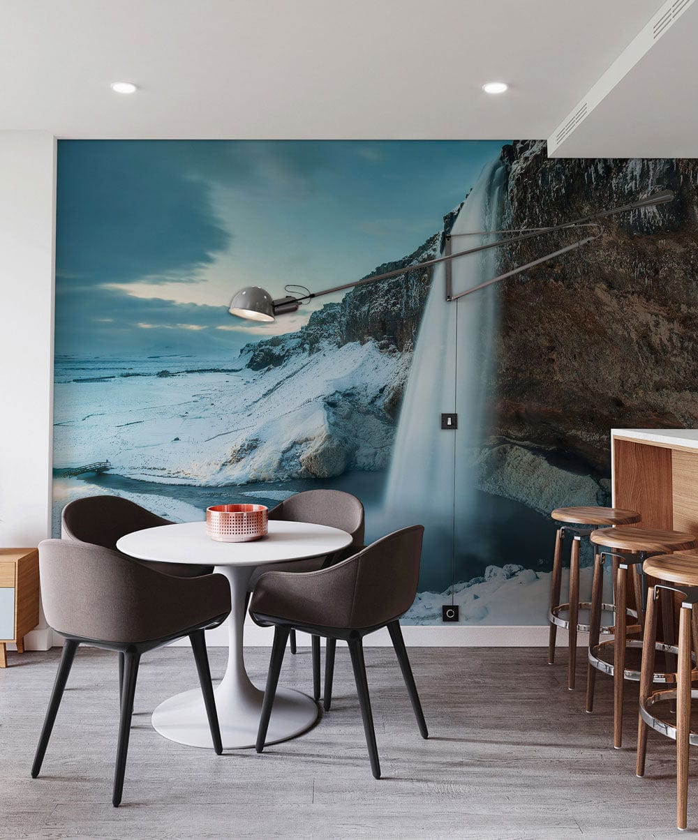 cool blue iceberg landscape with waterfall dining space mural decoration