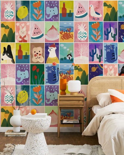 Colorful Abstract Animal Pattern Mural Wallpaper in bedroom