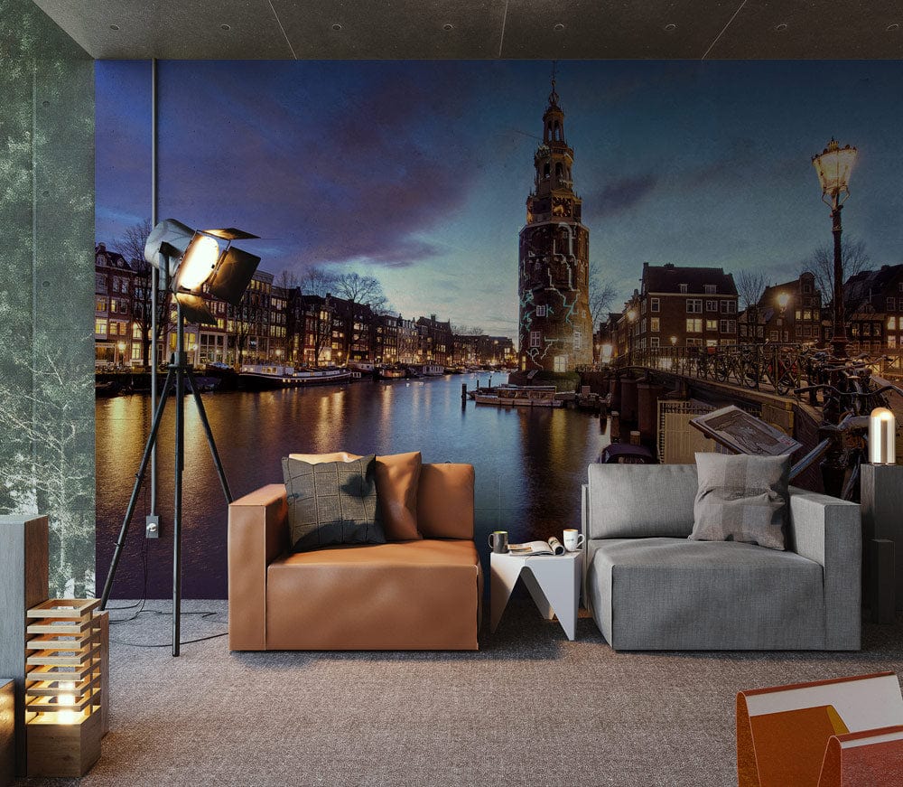 quiet Amsterdam with lights city night wall mural art design