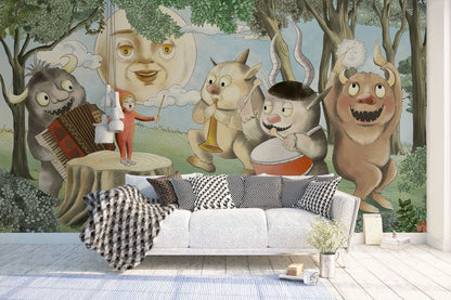Whimsical Forest Creature Kids Mural Wallpaper in living room