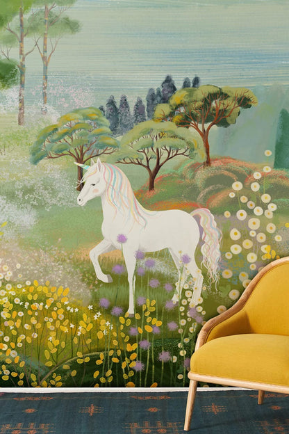 Enchanted Forest Unicorn Wall Mural in playroom