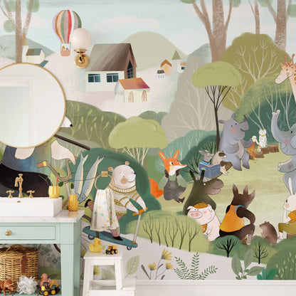 Colorful Whimsical Animal Mural Wallpaper in bathroom