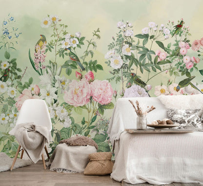 Vintage Botanical Garden Bird Wallpaper Mural in living room