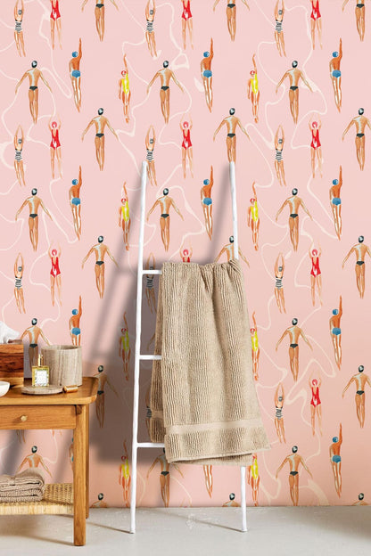 Pink Whimsical Ballet Dancer Mural Wallpaper in bathroom
