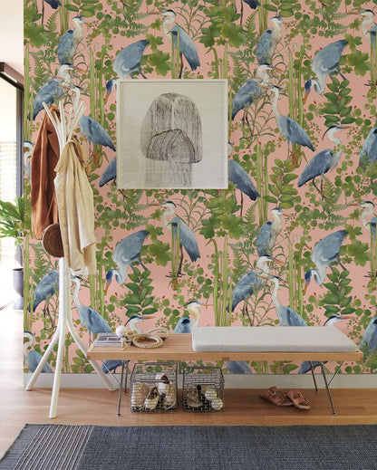 Tropical Heron Pink Botanical Mural Wallpaper in entryway