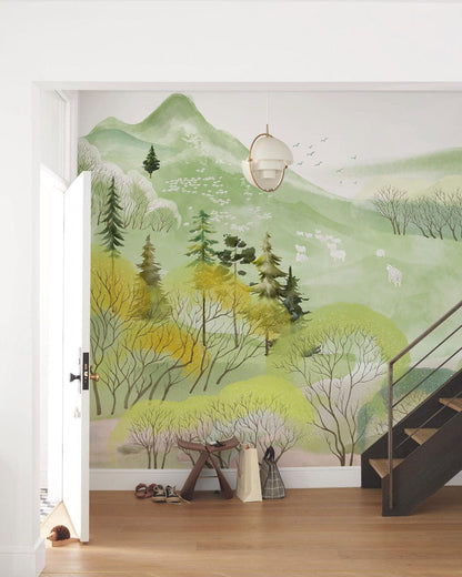 Pastoral Landscape Watercolor Mural Wallpaper in entryway