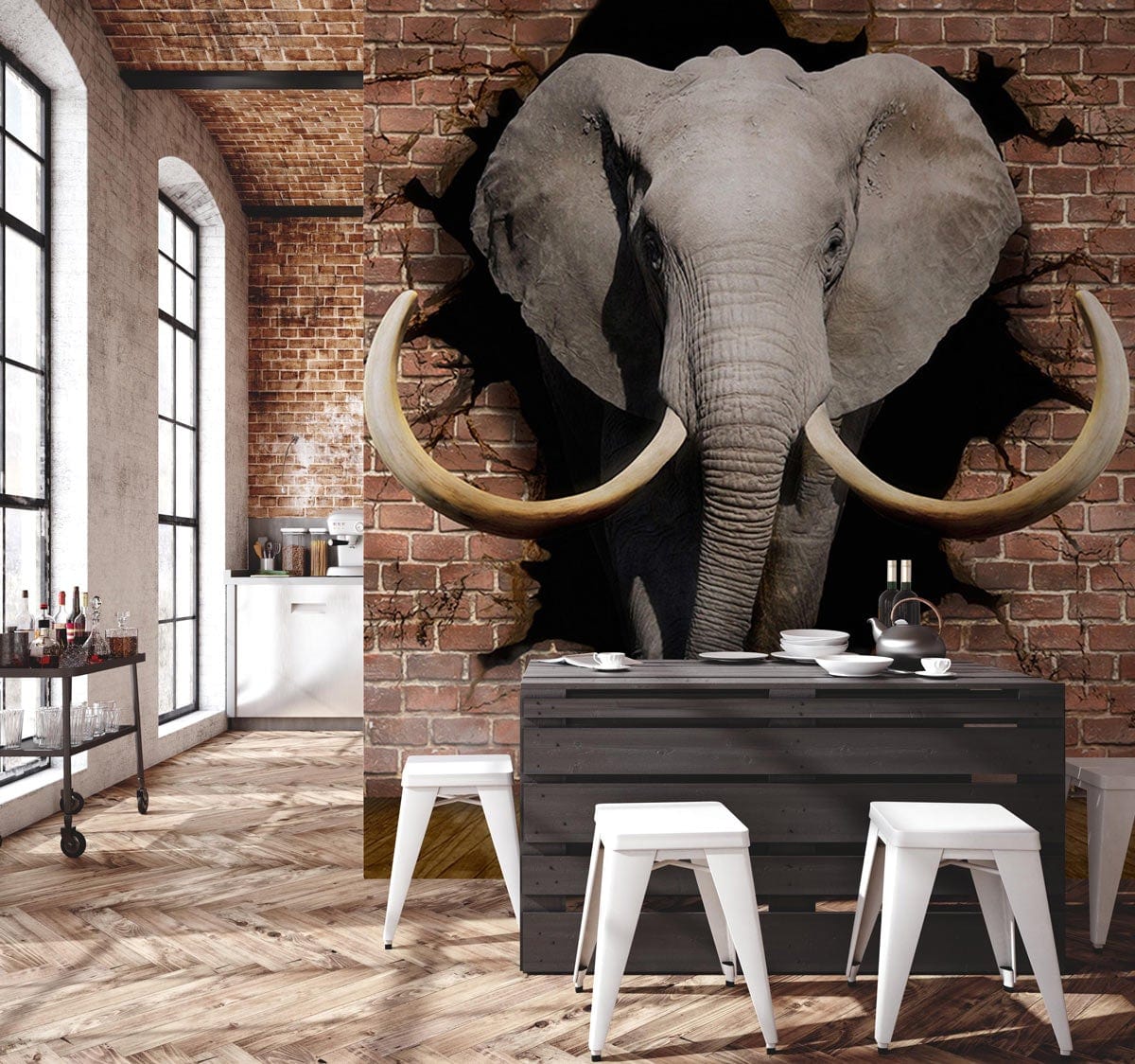 This dining room wallpaper has a 3D elephant mural