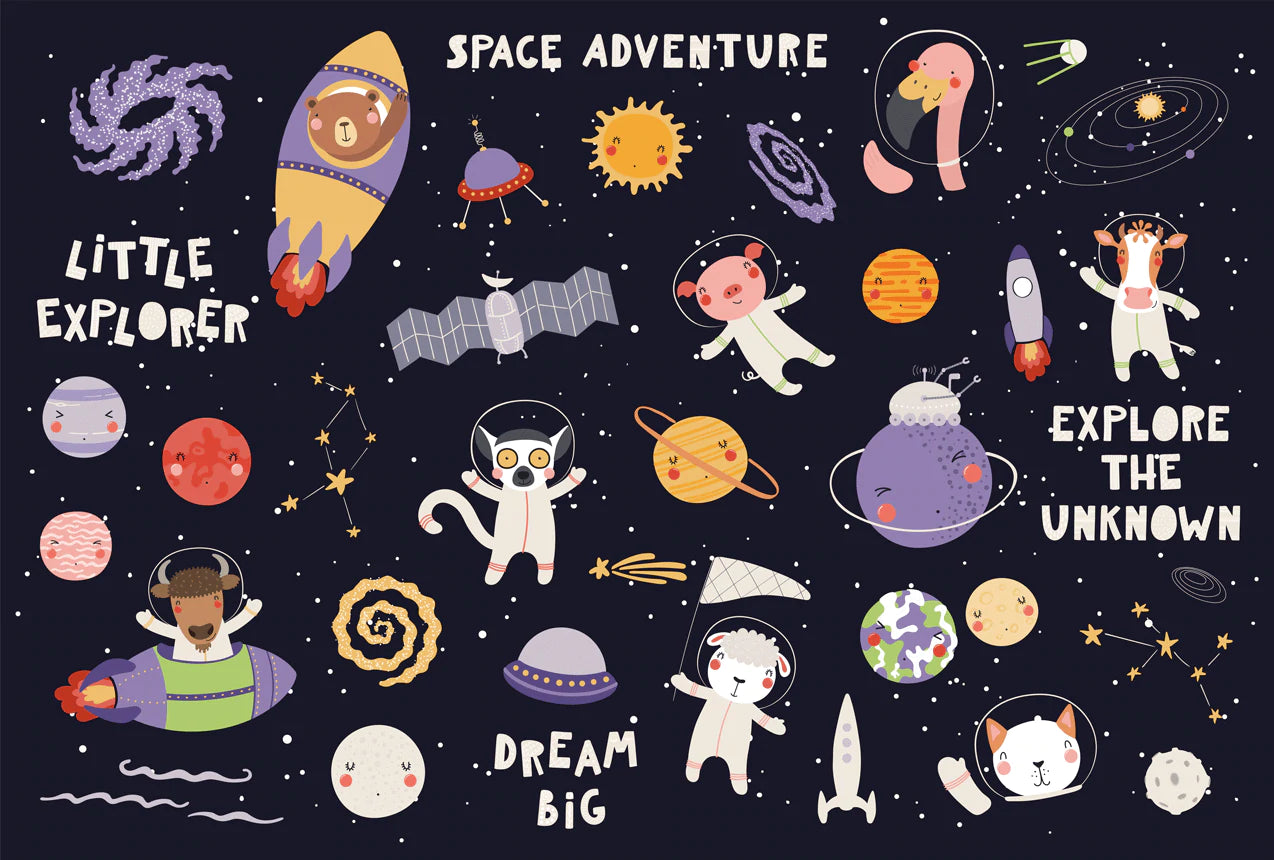 wallpaper with cartoon aliens from outer space for the interior decoration of children's rooms