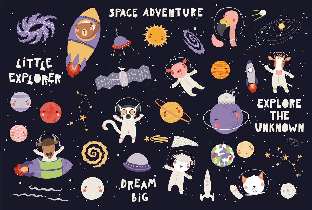 Colorful Cartoon Space Adventure Kids Mural Wallpaper