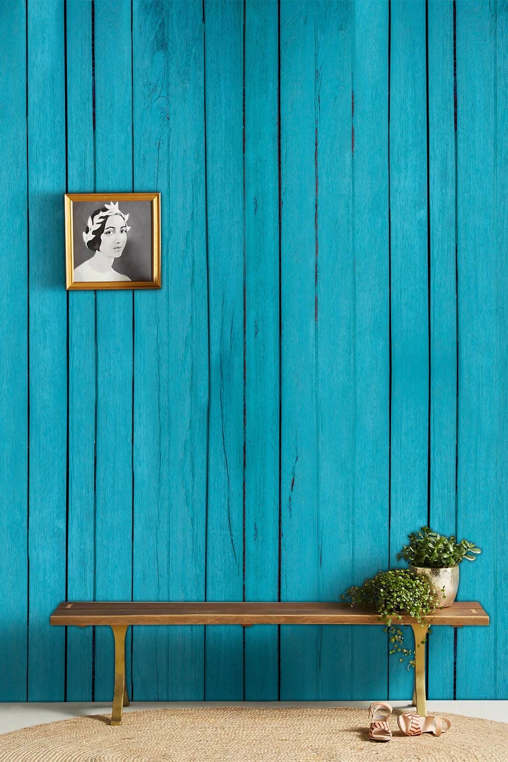 hallway wall murals in turquoise with a wood grain texture