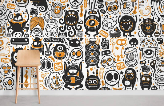 alien monsters in orange and black wallpaper for room