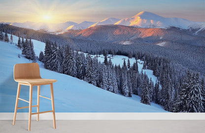 snowy forest and mountains under gold sunshine wall murals for room