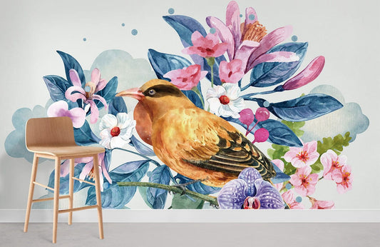 wall murals of a lovely bird perched on a branch of flowers