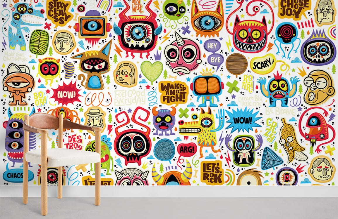 colourful alien monsters in strange shapes mural wallpaper