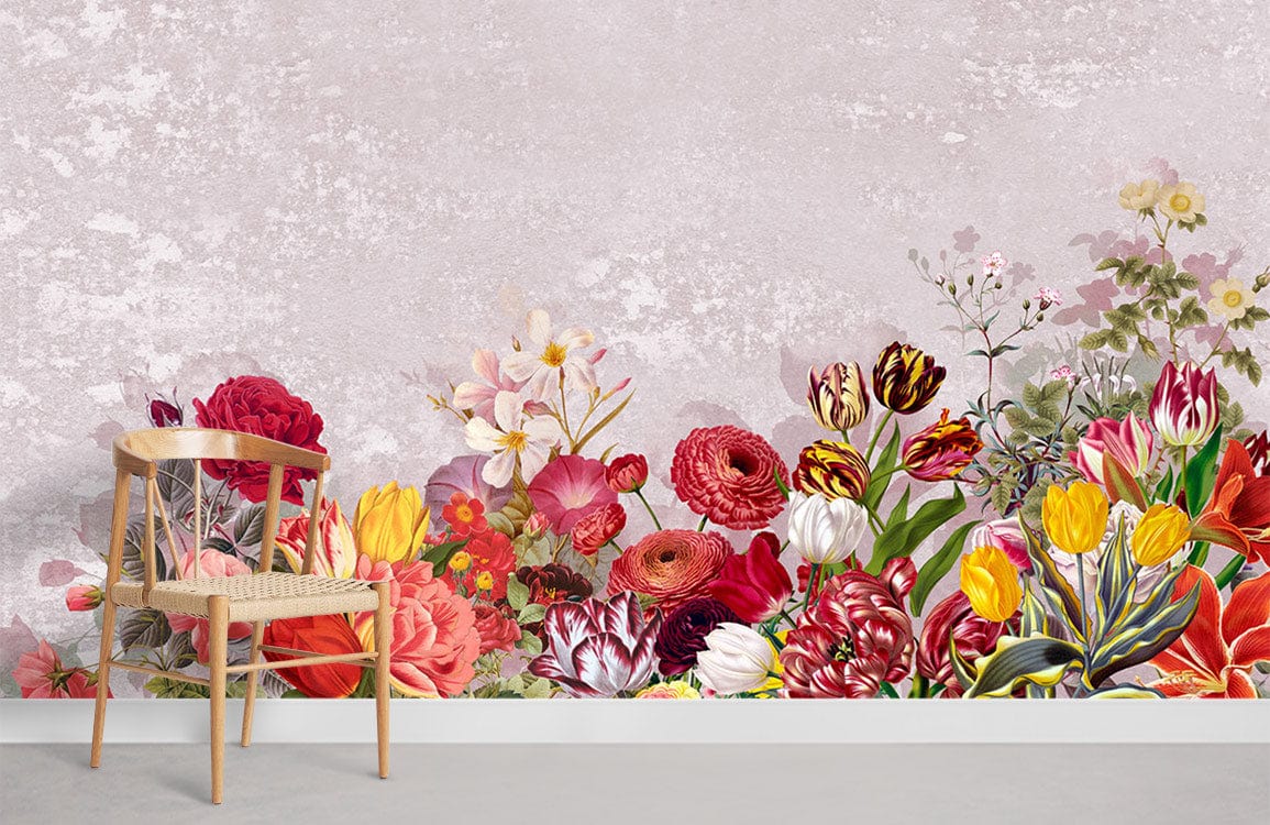 Garden wall murals for the house feature a variety of beautiful flowers in the corner.