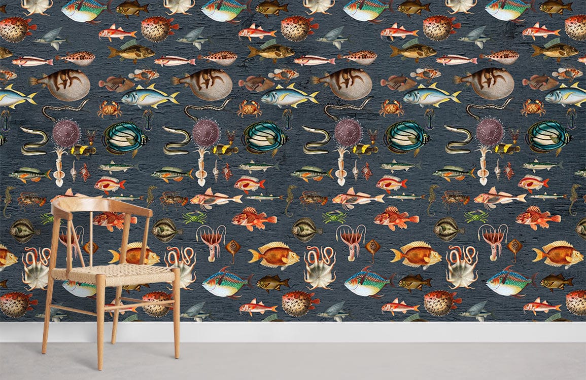 colourful marine creatures collection mural for wall