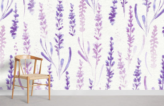 Room with a Watercolor Mural Featuring Lavender Wallpaper