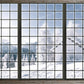 Wallpaper mural depicting a window with snow for use in interior design.