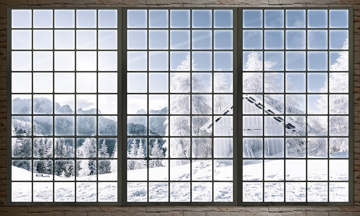 Wallpaper mural depicting a window with snow for use in interior design.
