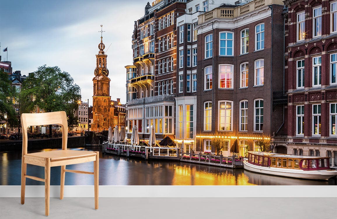 dusk view of Amsterdam with shops' lights on wallpaper for rome