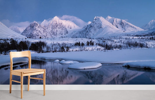 quiet lake, snowy land and mountain wallpaper mural for room