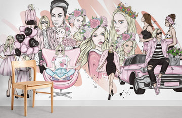 Chic Pink Fashion Illustration Mural Wallpaper