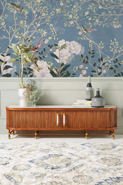 a traditional blue bird and flower wallpaper mural for a corridor