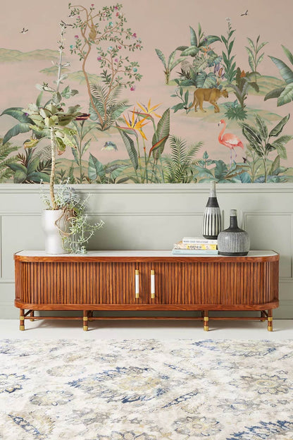Hallway wallpaper mural featuring a woodland scene with a variety of forest creatures.