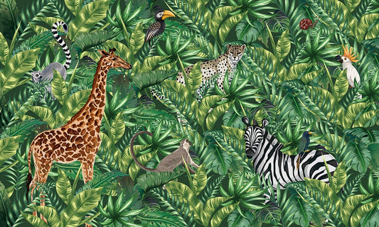 Home Decoration Featuring a Wallpaper Mural of Wild Animals from the Jungle